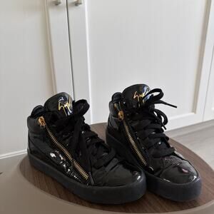 Giuseppe Zanotti Black All Patent Leather Mid Top Sneaker-Dual Zipper, Size 38
